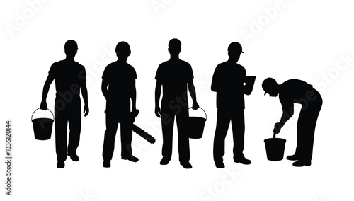 Construction crew silhouettes working with tools and materials diligently