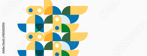 Abstract geometric shapes, circles, semicircles, yellow, teal, green. Modern design, clean lines, minimalist aesthetic, simple composition.