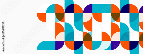 Abstract geometric pattern. Circles, semicircles create repeating design. Blue, orange, navy colors dominate white background. Modern aesthetic.