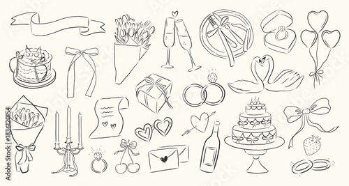 romantic doodle clipart set features hand-drawn wedding and Valentine’s Day elements, including rings, cakes, flowers, swans, balloons, champagne glasses, gifts, bows, candles, envelopes, and decorati