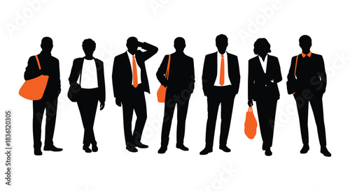 Diverse business team silhouettes walking with vibrant orange accents