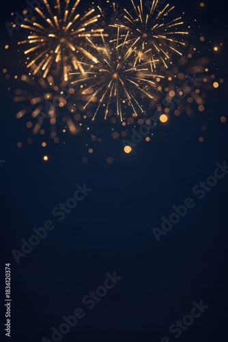 Blue and gold Abstract background and bokeh on New Year's Eve. Vertical Colorful fireworks lighting up the night sky in a festive display.