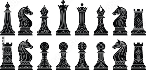 Stylized chess pieces vector set, black and white silhouette collection, ornamental king queen knight rook, strategic board game icons, decorative geometric design.