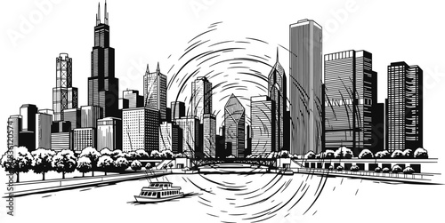 Stylized silhouette of downtown Chicago skyline with river, boat, and ripple effect for architectural and editorial vector content