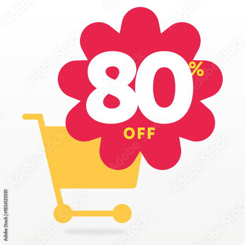 80% design, poster, shop cart, off, advertising, promo, sale, discount, offer, clearance, tag, market, store, vector. Shape, set, icon. sign, retail, annual, banner