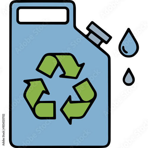 Blue Gas Can With Green Recycling Symbol and Water Drops Light Blue Background Eco Friendly Concept Simple Flat Design
