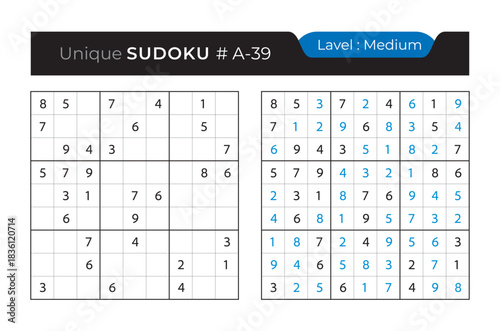 Sudoku puzzle with answer. Vector puzzle game with numbers for kids and adults. 9x9 sudoku Illustration on white background.