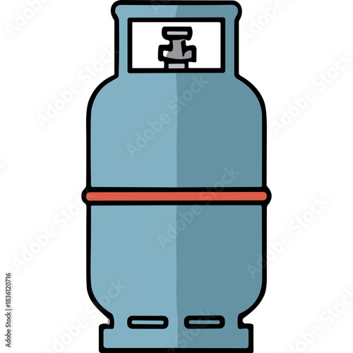 Blue gas cylinder with red stripe and black cap on a black background