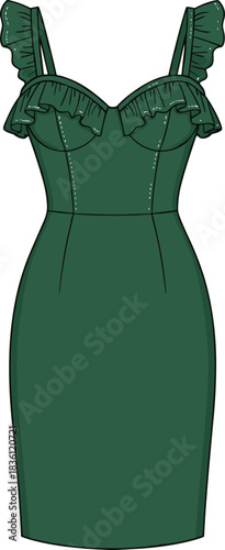 Technical fashion drawing of a stylish dark green knee-length pencil dress featuring delicate ruffled trim on the sweetheart neckline and shoulder straps, isolated vector design template.