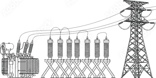 Substation, illustration, with, transformer, insulator, transmission, tower, electrical, grid, power, line, industrial, energy, vector, content, infrastructure, high-voltage, system, engineering, 