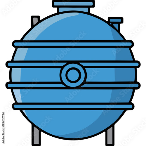Blue Industrial Storage Tank With Horizontal Bands And Circular Valve On A Black Background With Subtle Gray Supports