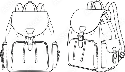 Technical fashion drawing of a trendy backpack, showing the front view and a three-quarter perspective, with flap closure, drawstring top, and external zippered pockets, isolated on white.