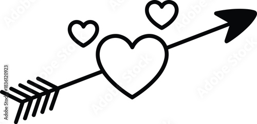 Black arrow piercing three hearts on white background