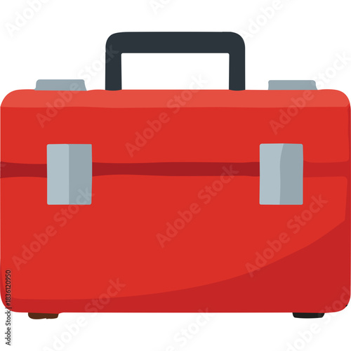 Bright Red Rectangular Medical First Aid Kit With Silver Latches And Black Handle On A White Background