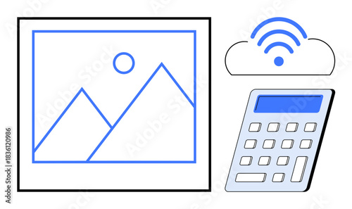 Digital services, cloud technology, data processing, internet, storage management, remote work. A photo icon, wireless symbol and calculator. Digital services and cloud technology concept