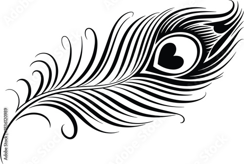 Black peacock feather with heart shaped eye graphic