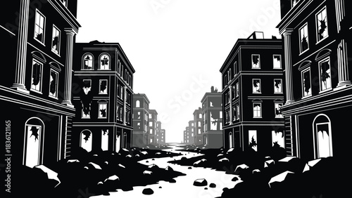 Urban, destruction, illustration, with, silhouette, street, debris, building, broken, window, decay, abandoned, vector, content, post-apocalyptic, disaster, environment, damage, perspective, somber, 