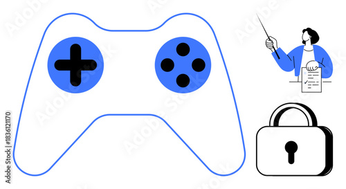 Game controller, person holding document with pointer, and locked padlock. Ideal for gaming, education, security, technology, creativity guidance and privacy. Minimalistic flat metaphor