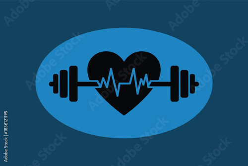 Heart with barbell and heartbeat line vector illustration for fitness and healthy lifestyle concepts isolated on blue background