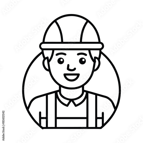 Funny cartoon drawing of a smiling construction worker character with a safety helmet