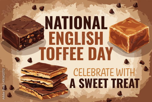 An illustration celebrating National English Toffee Day with various sweet treats like brownies, toffee squares, and stacked toffee bars, set against a brown background.