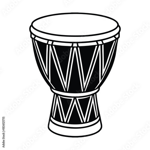 Traditional wooden djembe and bongo percussion instruments with leather skin drums on a white background for musical rhythm and sound art