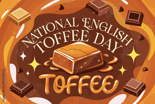 An illustration celebrating National English Toffee Day with a large toffee piece, chocolate squares, and caramel swirls on a brown background.