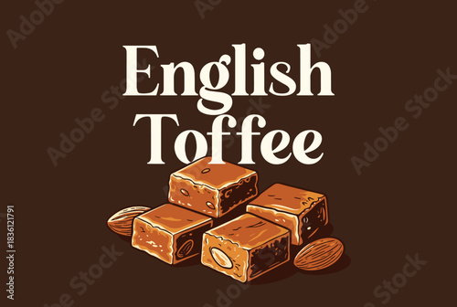 An illustration of English Toffee pieces and almonds on a dark brown background.