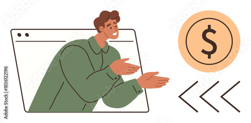Man extends hands through a browser frame towards a dollar coin, surrounded by directional arrows. Ideal for online payment, financial growth, e-commerce, digital economy, funding, investment