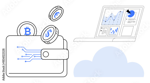 Cryptocurrency, financial technology, blockchain, data analytics, cloud computing, investment strategies. Digital wallet with Bitcoins and dollar coins, laptop with analytics dashboard, and cloud