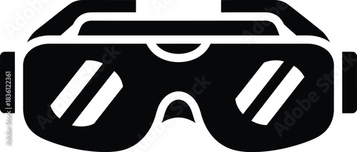 Black and white icon graphic of a virtual reality headset or vr goggles viewed from the front, perfect for technology and gaming concepts