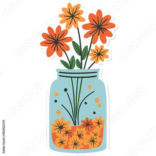 glass jar | full of stars and flowers | cozy cottagecore aesthetic | sticker illustration | pastel palette | bold outline | whimsical magical vibe | kawaii nature design | soft glow accents | charming