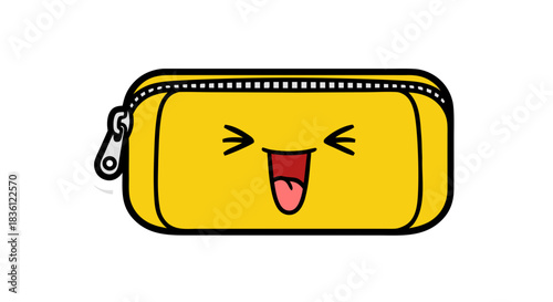 A cheerful yellow pencil case with a happy cartoon face and a zipper, depicted in a simple graphic style on a white background.