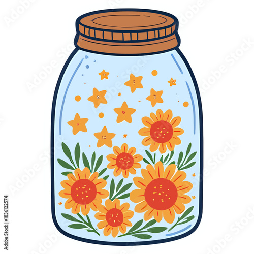 glass jar | full of stars and flowers | cozy cottagecore aesthetic | sticker illustration | pastel palette | bold outline | whimsical magical vibe | kawaii nature design | soft glow accents | charming
