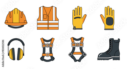 A collection of essential personal protective equipment (PPE) icons, including a hard hat, safety vest, gloves, ear defenders, harnesses, and boots.