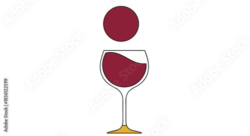A minimalist illustration featuring a wine glass filled with red wine, with a single red circle floating above it on a white background.