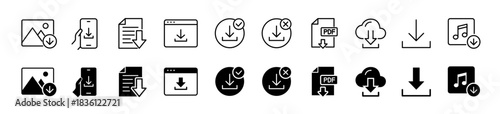 Download icon set. PDF and download file symbol. Vector illustration.