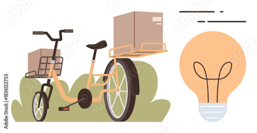 Cargo bike carrying packages, surrounded by greenery, paired with a symbolic lightbulb. Ideal for sustainability, delivery, creativity, green living, logistics innovation environmental awareness. A
