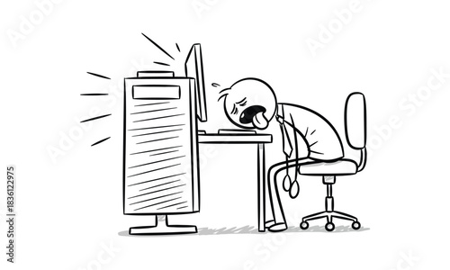 Cartoon exhausted office worker sleeping at computer on desk