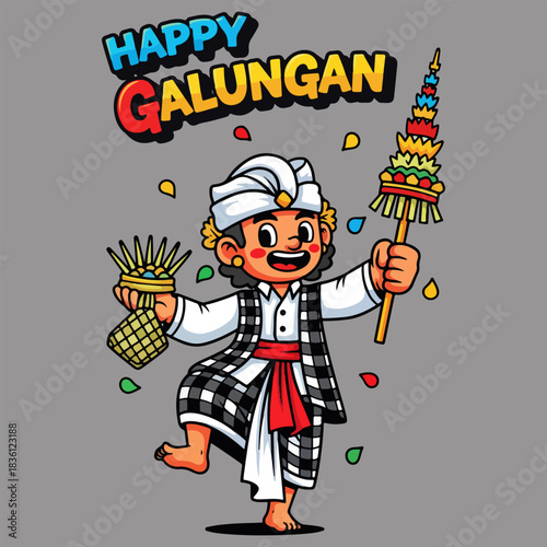 Character mascot wearing Balinese traditional clothes for Galungan