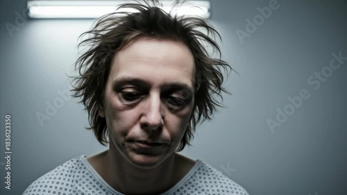 A man with disheveled hair and a hospital gown exhibiting signs of distress and disorientation in a medical facility.