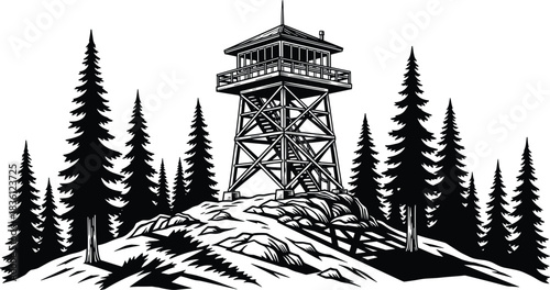 Vintage fire lookout tower vector illustration, black and white forest watchtower on rocky mountain, pine trees nature landscape, retro woodcut style, wilderness sketch.