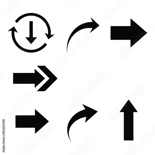 Collection of various black arrows indicating direction and movement on a white background