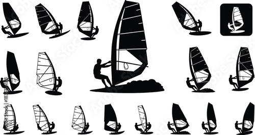 Windsurfing silhouettes set showing surfers riding waves with sails, summer water sport vector collection, extreme ocean activity black icons isolated on white.
