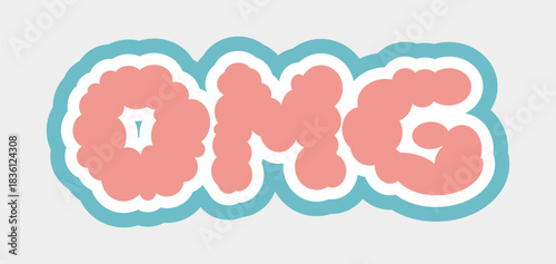 もくもく「OMG」の文字ステッカーシール風パステルカラーイラスト、350dpi