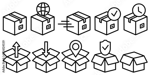 Line art delivery box icon set. Collection of line art illustration of shipping package and parcel. Open and closed cardboard boxes.
