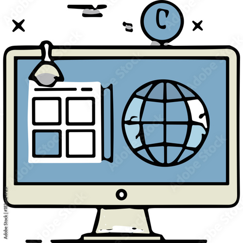 Computer Monitor Displaying Web Browser With Globe Icon And Website Layout On Light Blue Screen With Cream Colored Bezel And Stand Against Black Background With Small Circle Icon