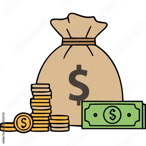 Brown Money Bag with Dollar Sign and Stacked Gold Coins and Green Banknote Against Black Background