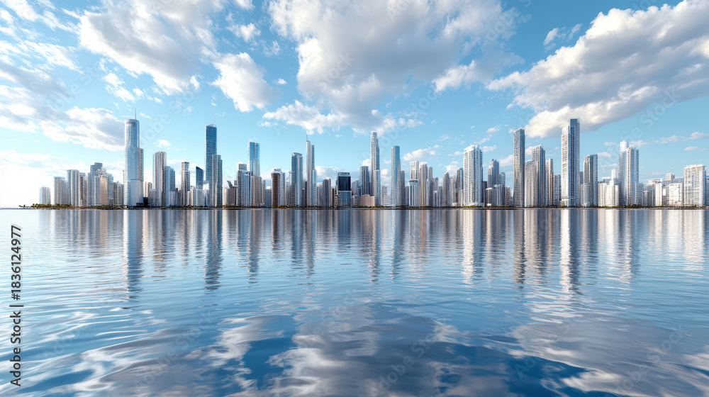 Fototapeta premium Futuristic skyline hovering above water serene reflective cityscape with clouds