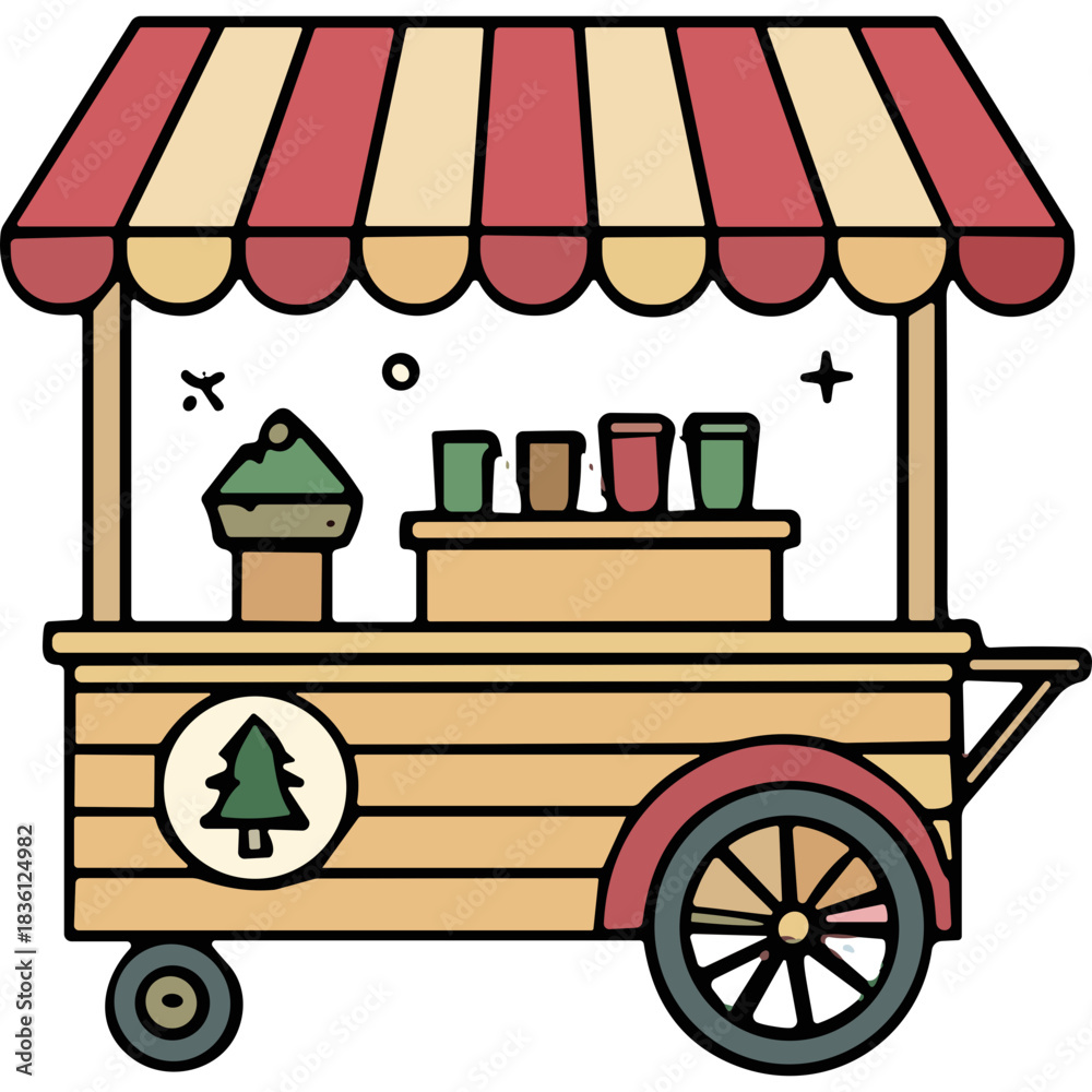 Naklejka premium Charming Ice Cream Cart with Striped Awning and Tree Emblem Serving Frozen Treats in a Nostalgic Setting